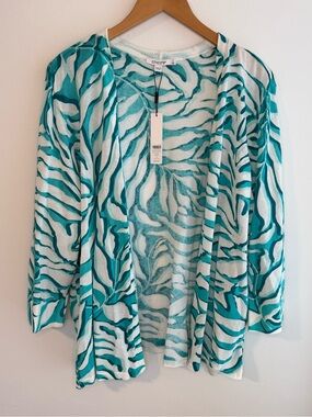 NWT Chico's Teal & White Palms Print Open Cardigan XXL